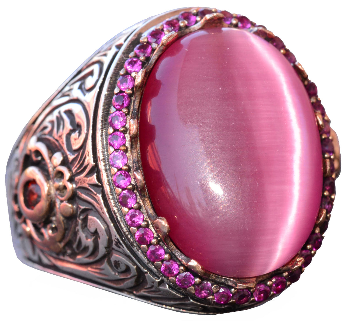 925 Sterling Silver Men's Ring - Pink Cat's Eye Stone King Ring - Handmade Men's Jewelry