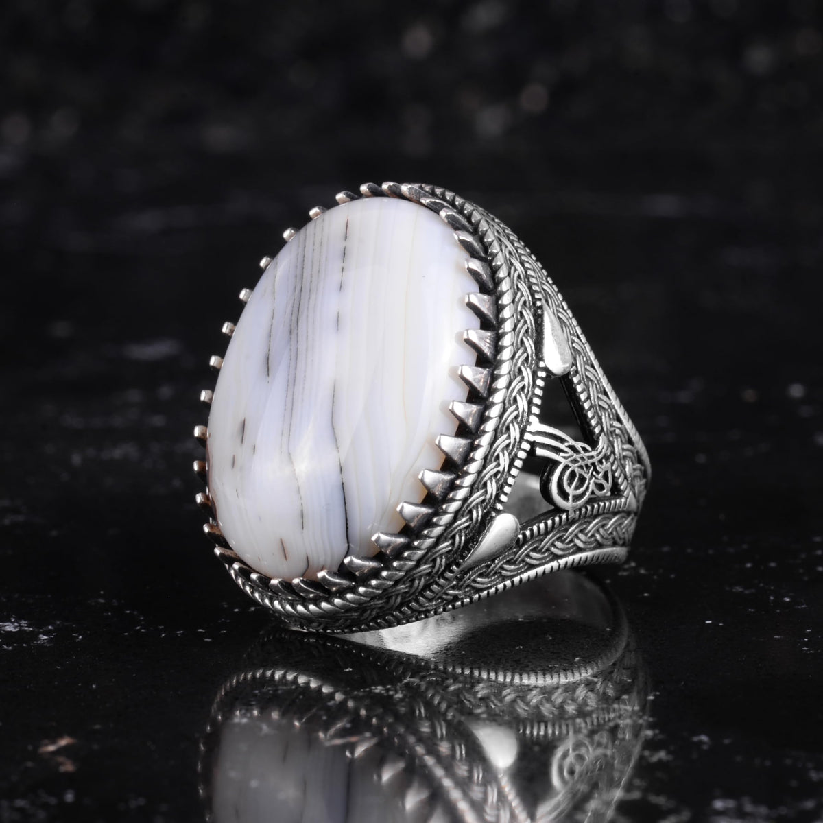 KAMBO Natural Yemen Agate Stone Men's Ring – 925 Sterling Silver Large Statement Ring – Handmade Ottoman Tugra Design Jewelry (Style-5) — 4