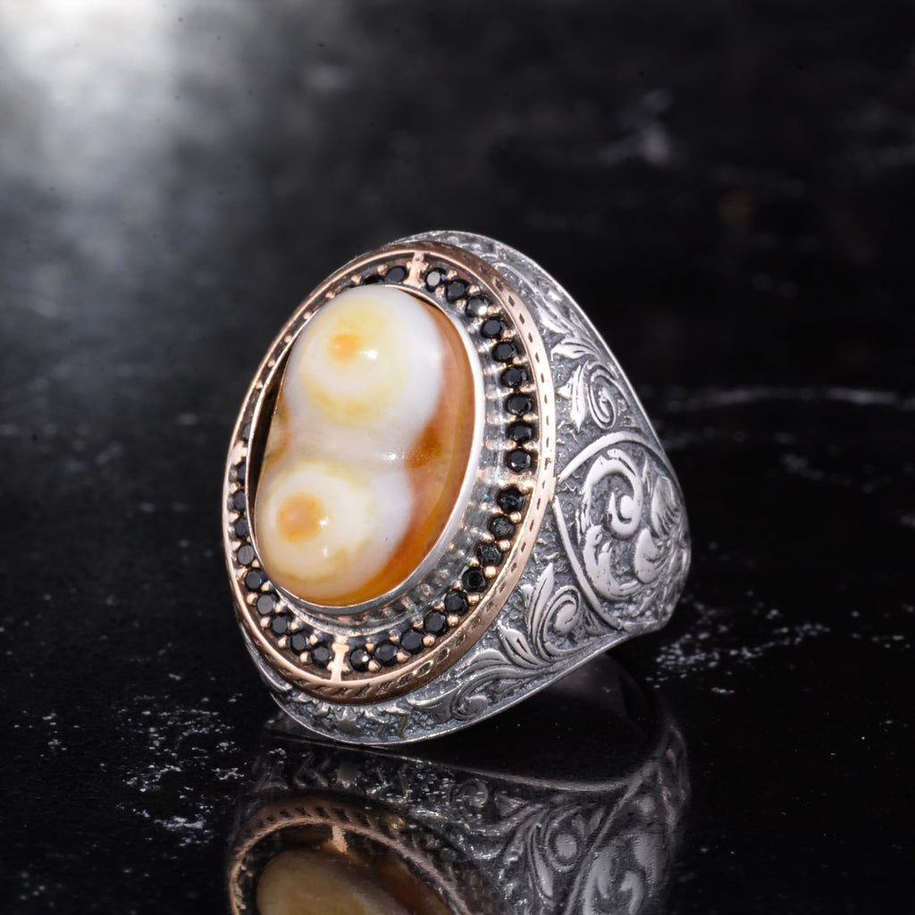 Men's Natural Stone Large Ring – Oval Stone Vintage Byzantine Engraved Statement Ring - Antique Filigree 925 Sterling Silver Jewelry (Yemen Agate) — 3