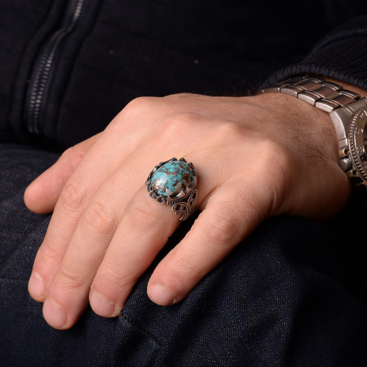 Natural Arizona Turquoise Stone Ring, Handcrafted Jewelry, 925 Sterling Silver (Model-2) — 7