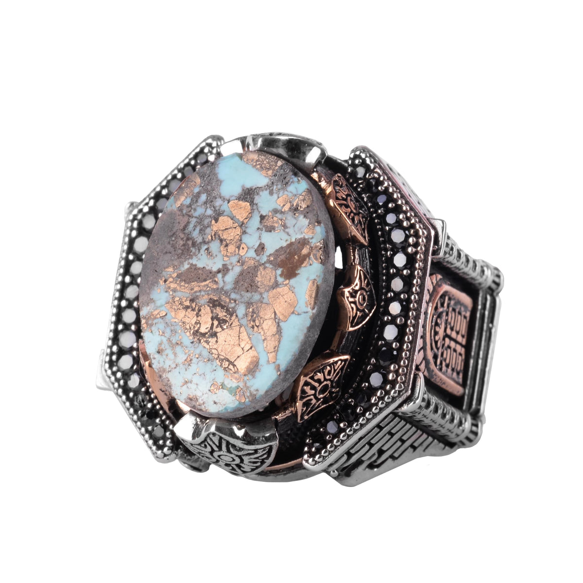 KAMBO Large Natural Stone Ring – 925 Sterling Silver Men's Ottoman Architectural Design (Turquoise-1)