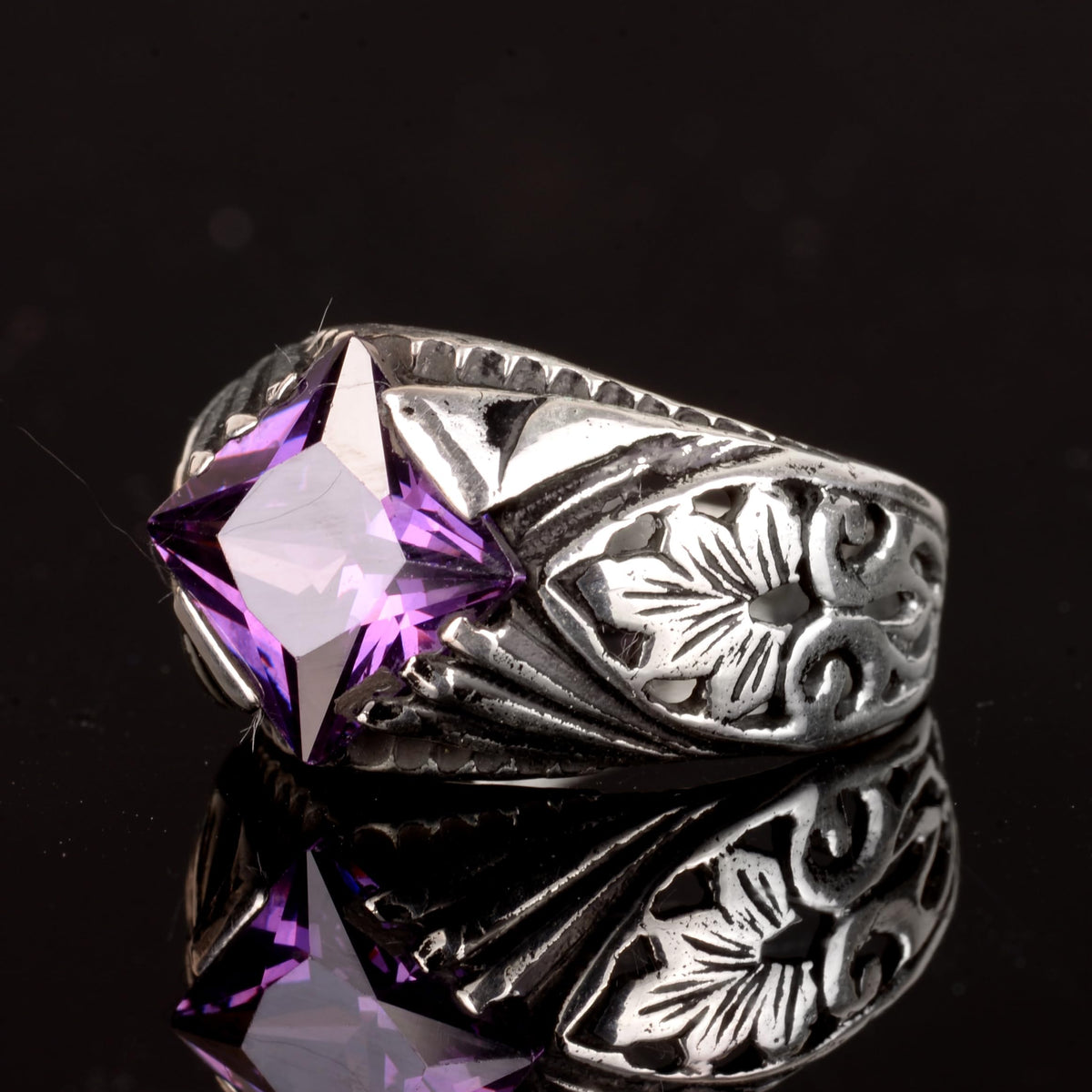 KAMBO Silver Men's Ring – Handmade Minimal Ring with Synthetic Amethyst Stone — 5