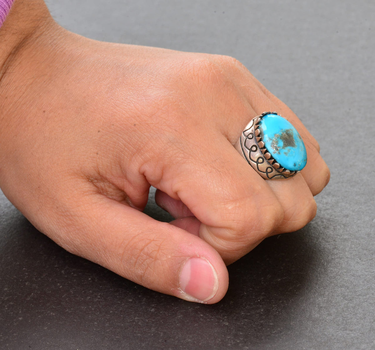 KAMBO Natural Arizona Turquoise Gemstone Minimalist Men's Ring - Silver — 6