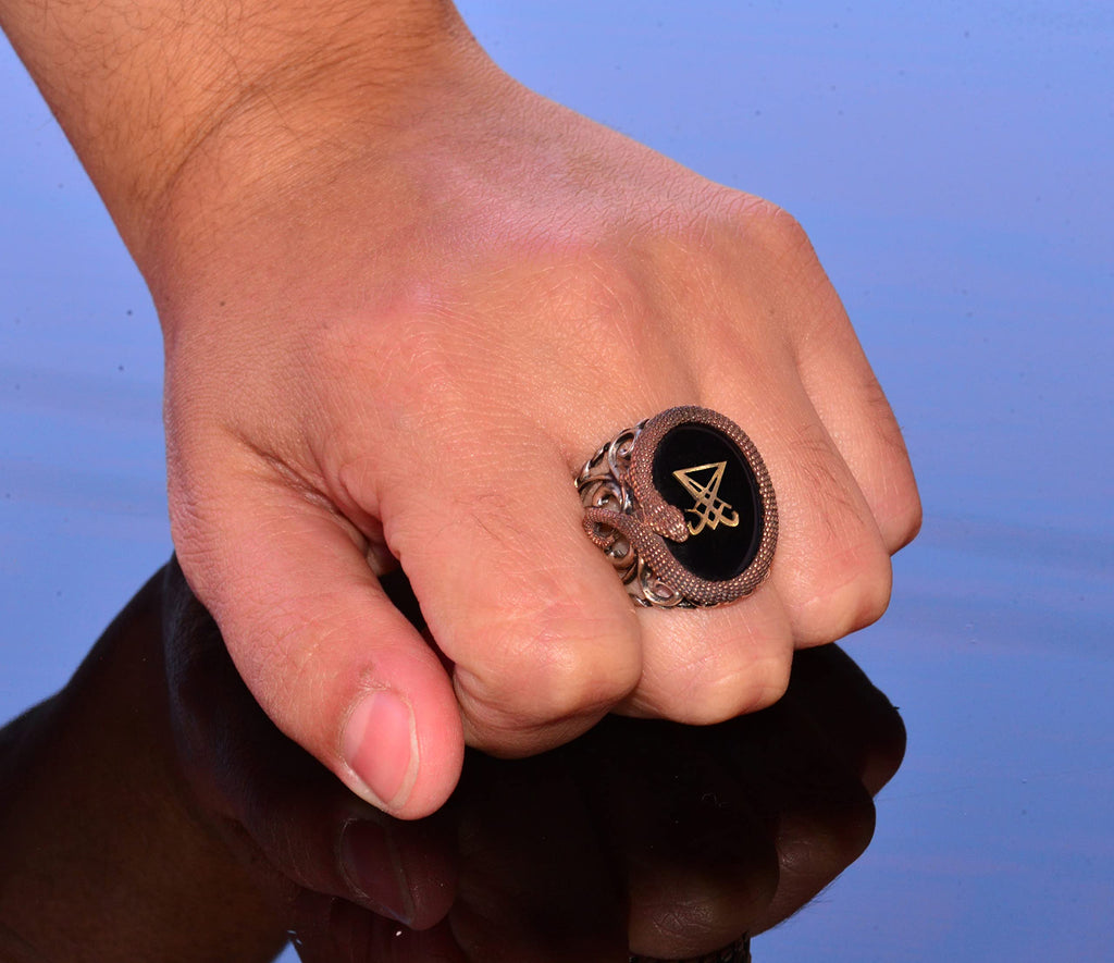 925 Sterling Silver Men's Ring - Artificial Onyx Stone - Snake Design - Signet Ring (Lucifer) — 7