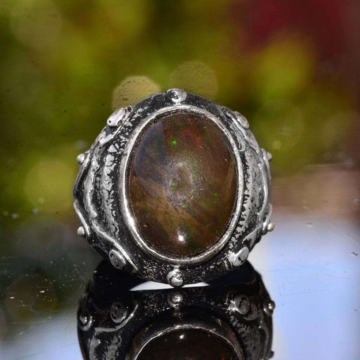 KAMBO Handmade 925 Sterling Silver Men's Ring with Natural Ethiopian Opal Gemstone, Vintage Statement Jewelry, Unique St