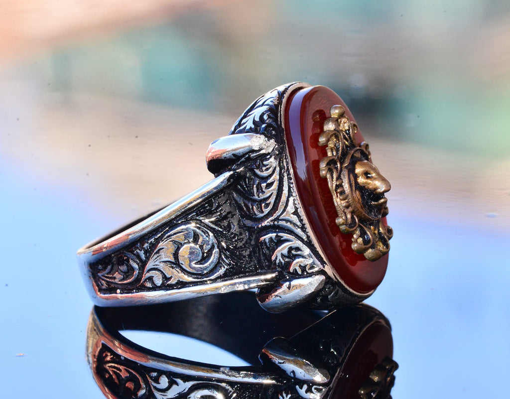 925 Sterling Silver Men's Ring with Created Agate Stone - Lion Symbol Design, Bold and Majestic