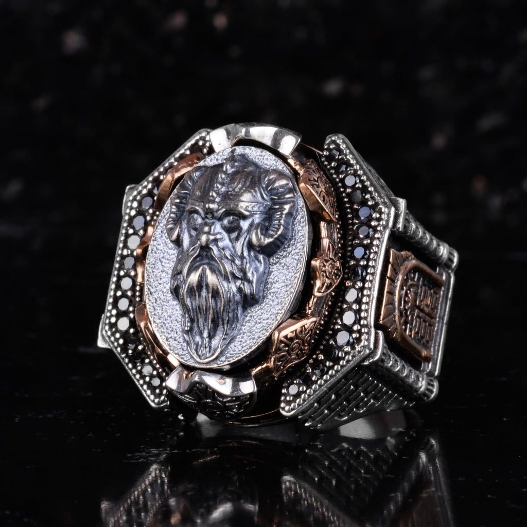 KAMBO Large Men's 925 Sterling Silver Ring Figure – Bronze Detail – Carved Statement Ring (Protective Figure) — 5