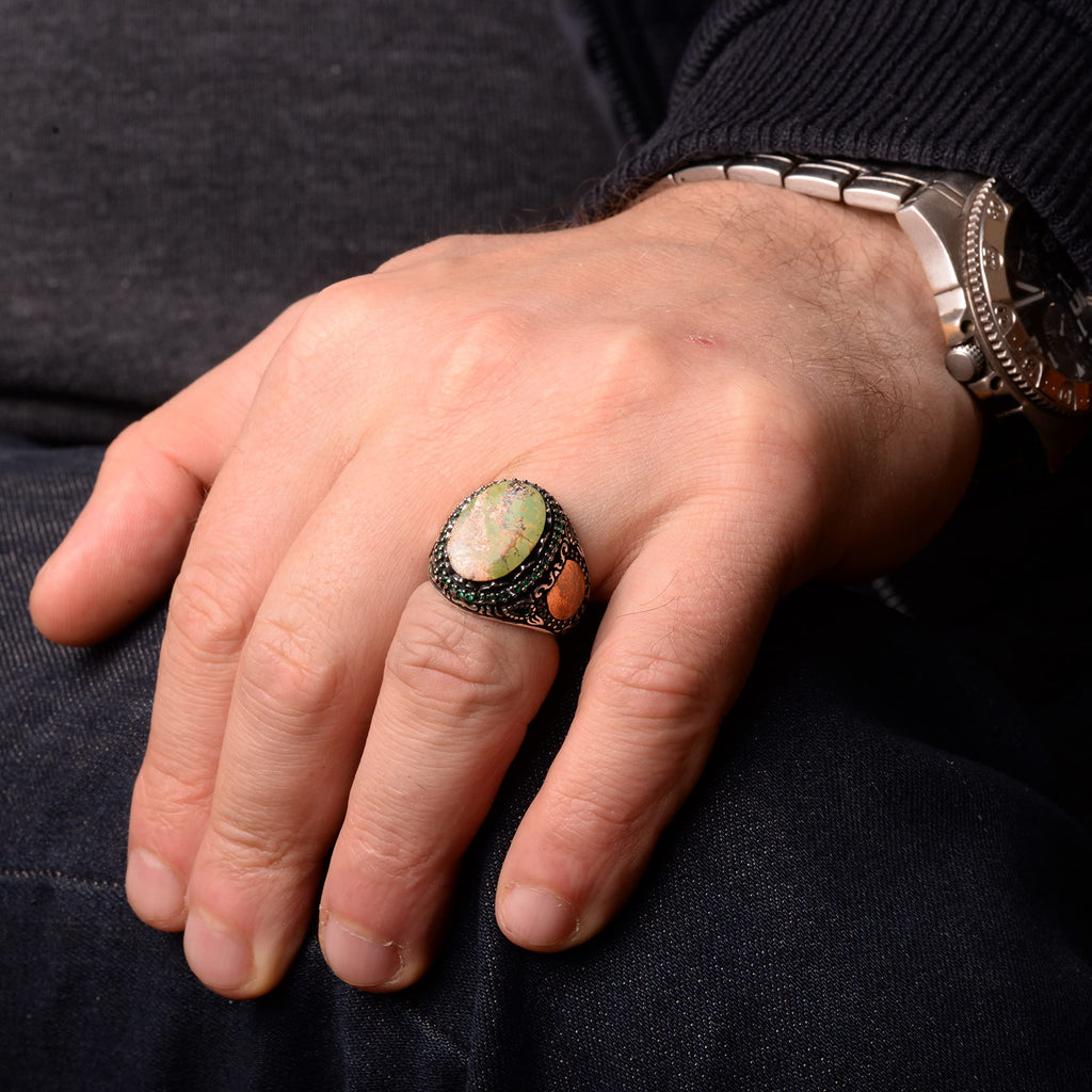 Natural Arizona Turquoise Stone Ring, Minimalist, 925 Sterling Silver Men's Ring — 6