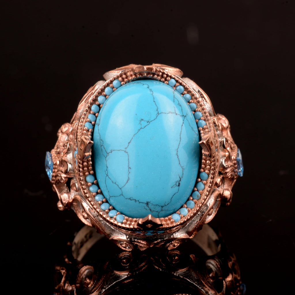 925 Sterling Silver Men's Ring, Artificial Turquoise Stone Ring — 6