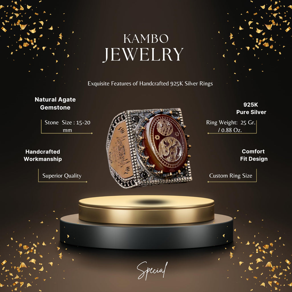 KAMBO Handmade 925 Sterling Silver Men's Ring with Natural Agate Gemstone, Islamic Engraved Art Deco Design, Vintage Rel