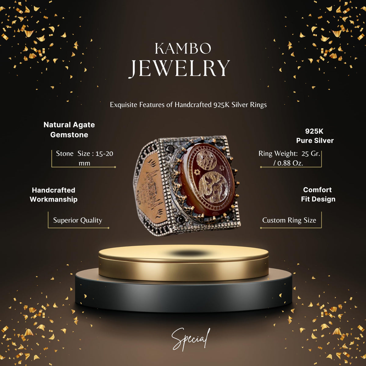 KAMBO Handmade 925 Sterling Silver Men's Ring with Natural Agate Gemstone, Islamic Engraved Art Deco Design, Vintage Rel