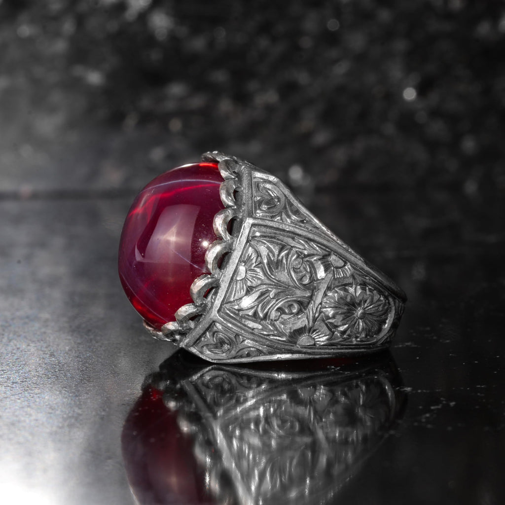 KAMBO Star Ruby Stone Men's Ring 925 Sterling Silver – Round Red Stone Ring – Handmade Classic Vintage Jewelry — 7