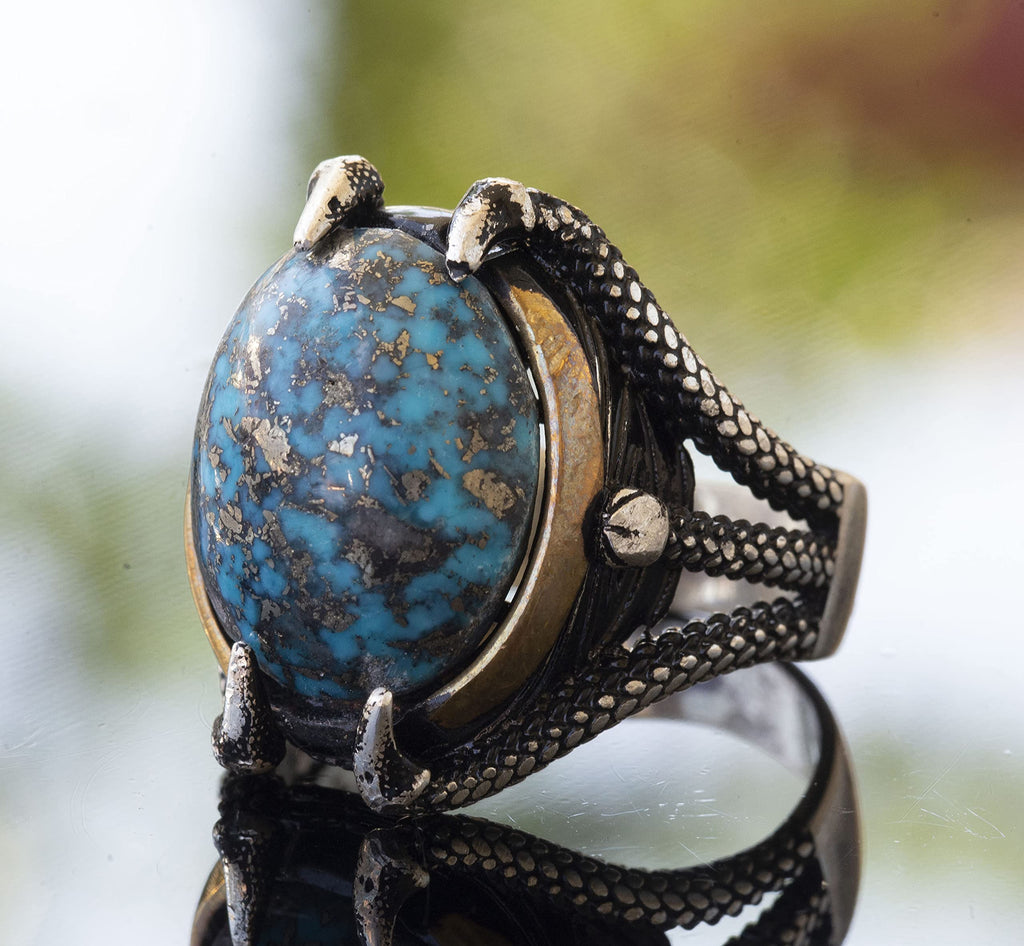Natural Arizona Turquoise Stone Claw Ring - Silver Men's Ring — 5