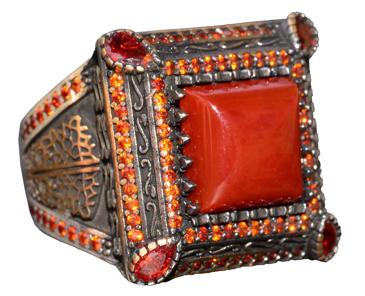 Natural Red Agate Stone Ring - Silver Men's Sultan Ring