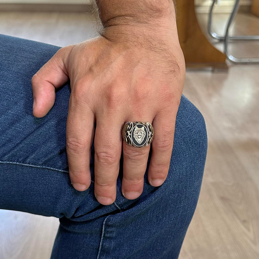 Silver Patterned Ring, Emblem - Elegant Cultural Design (Wolf Head) — 3