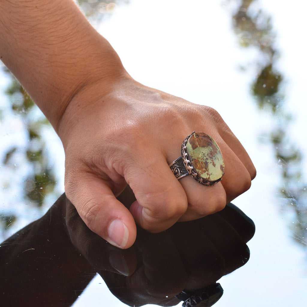Large Ring, Natural Arizona Turquoise Stone Ring, Handmade 925 Sterling Silver Ring — 7