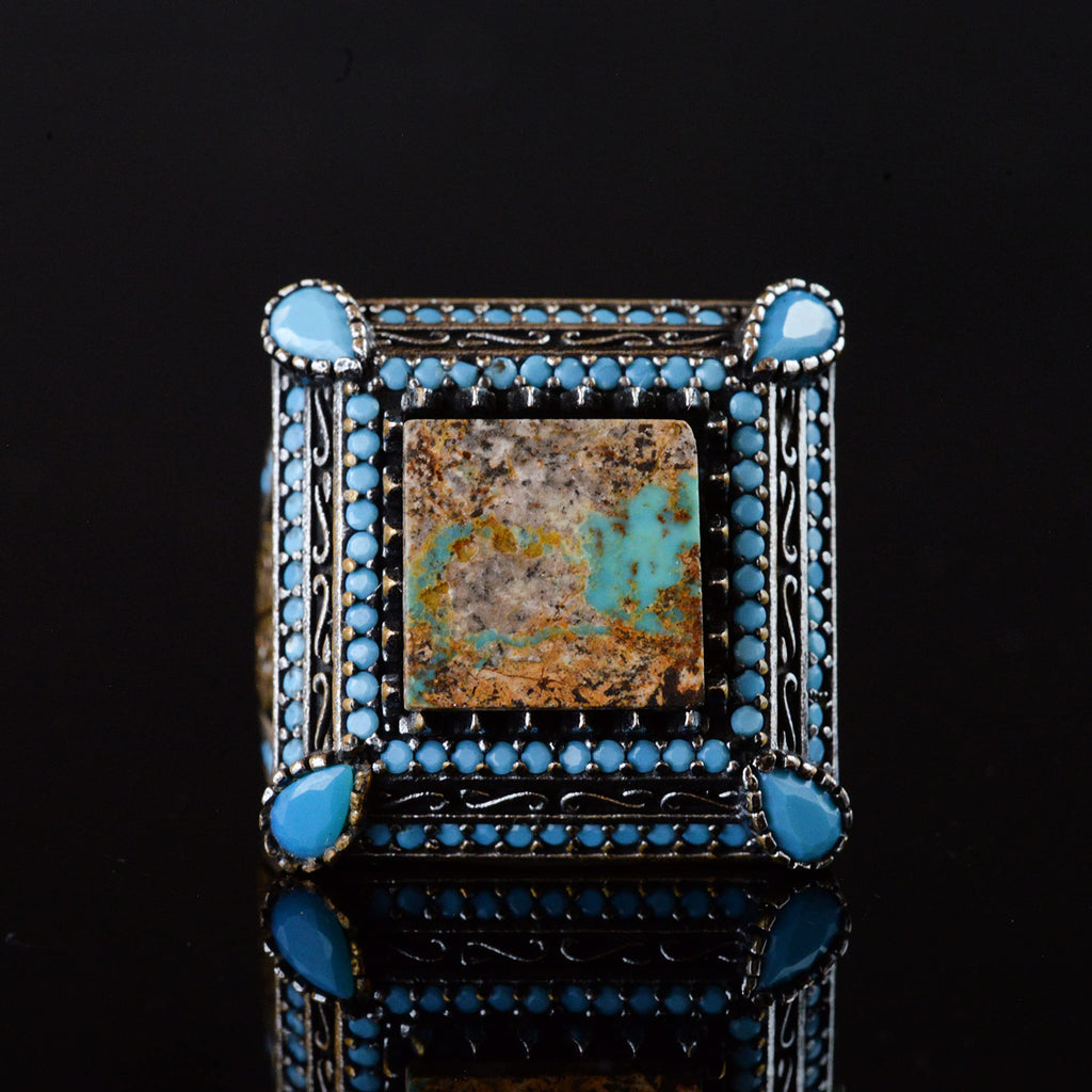 Natural Turquoise Stone Ring, Square Design - 925 Sterling Silver Men's Ring, Handcrafted Elegance — 7