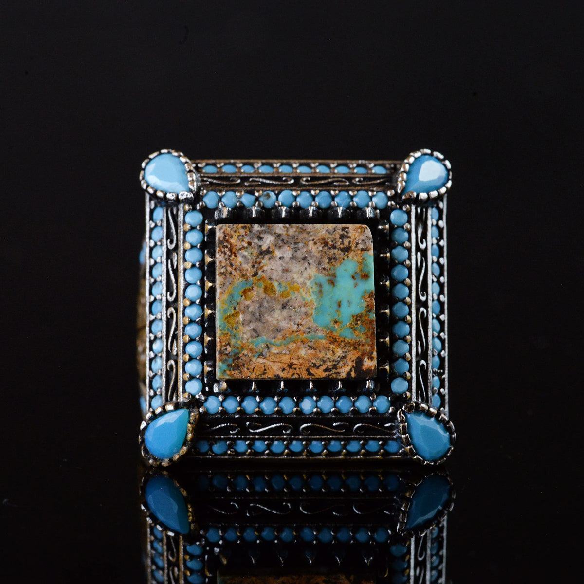 Natural Turquoise Stone Ring, Square Design - 925 Sterling Silver Men's Ring, Handcrafted Elegance — 7