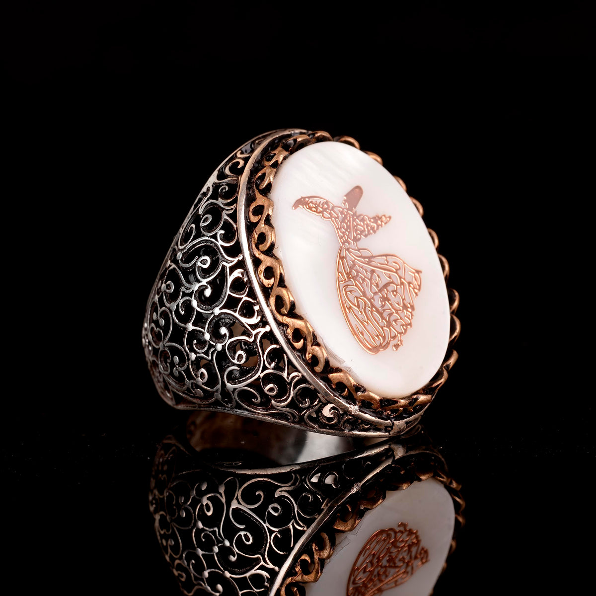 Noble and Symbolic Men's 925 Sterling Silver Ring - Whirling Dervish Symbol, Adorned with Natural Stones — 3