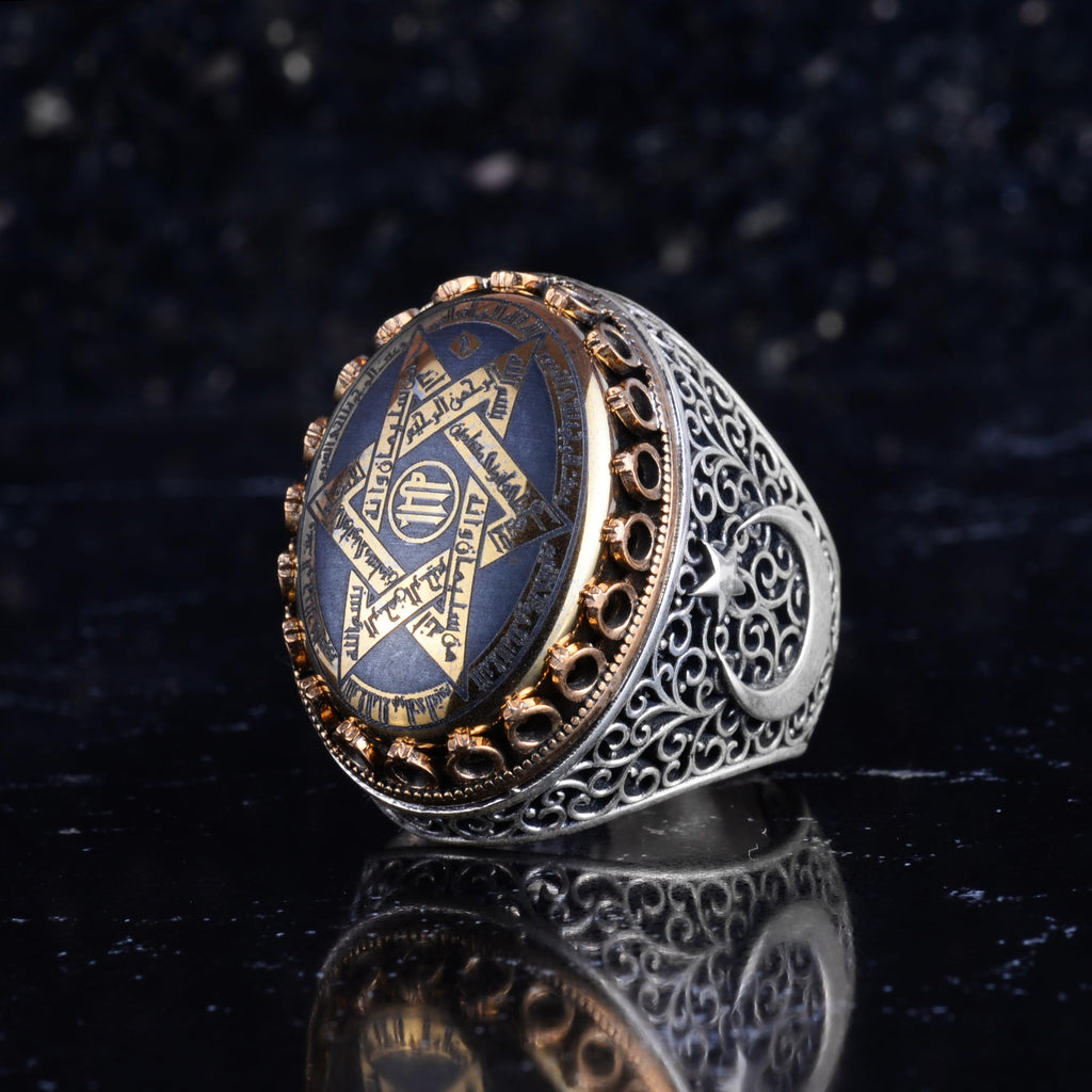 KAMBO Hematite Stone Star of David Men's Ring – Crescent Moon Star Detail and Bronze Framed 925 Sterling Silver Oval Seal Ring – Handmade Statement Jewelry — 4