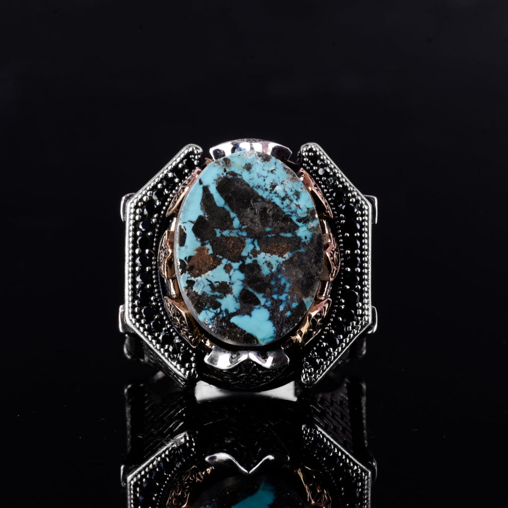 KAMBO Large Natural Stone Ring – 925 Sterling Silver Men's Ottoman Architectural Design (Turquoise-1) — 4