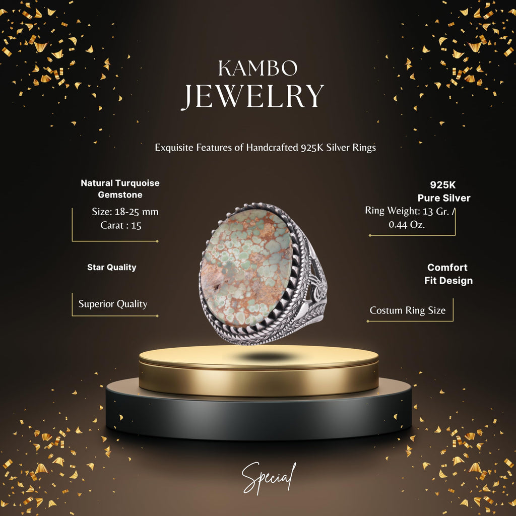 KAMBO Natural Turquoise Stone Large Men's Ring 925 Sterling Silver Oval Cabochon Ottoman Tugra Engraved Handmade Statement Ring (Turquoise-3) — 2