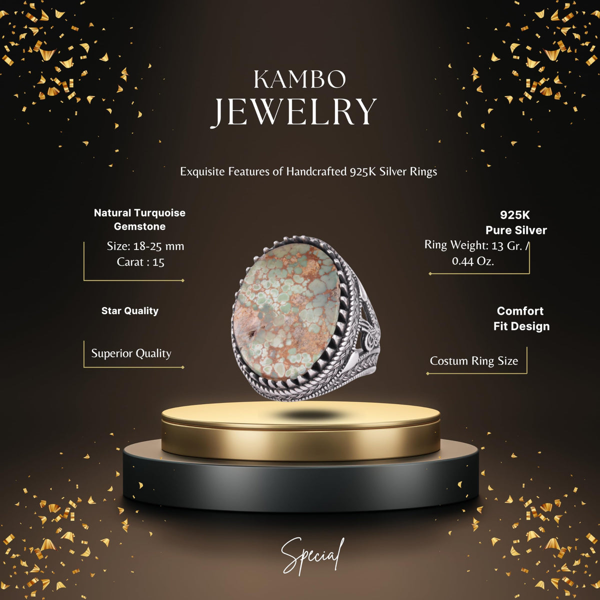 KAMBO Natural Turquoise Stone Large Men's Ring 925 Sterling Silver Oval Cabochon Ottoman Tugra Engraved Handmade Statement Ring (Turquoise-3) — 2