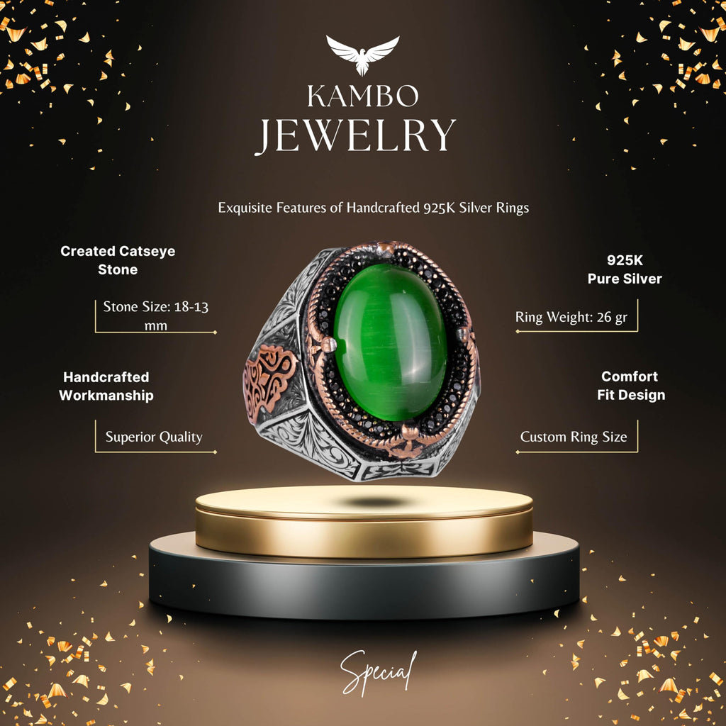 925 Sterling Silver Ring, Green Cat's Eye Stone Ring, Designer Silver Men's Ring — 2