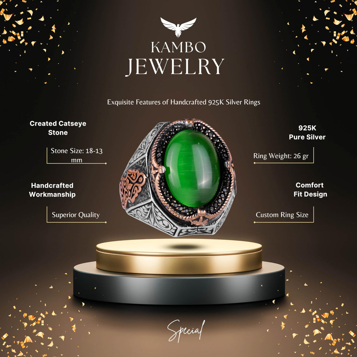 925 Sterling Silver Ring, Green Cat's Eye Stone Ring, Designer Silver Men's Ring — 2