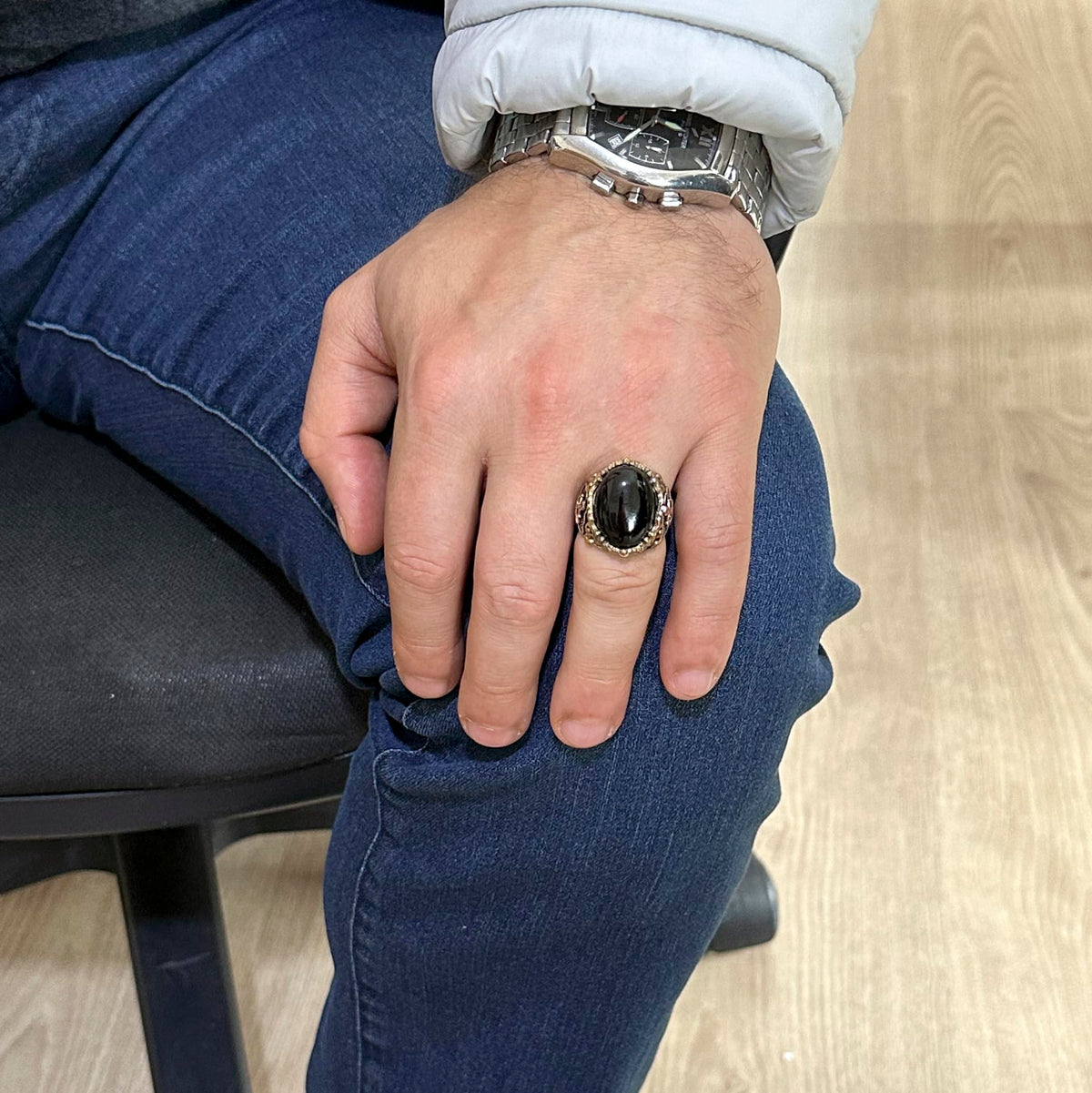 Nautical Anchor Silver Ring, 925 Sterling Silver Ring, Cabochon Onyx Stone Ring — 3