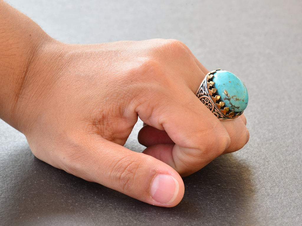 Natural Arizona Turquoise Stone Ring - Silver Men's Ring (Model-4) — 7