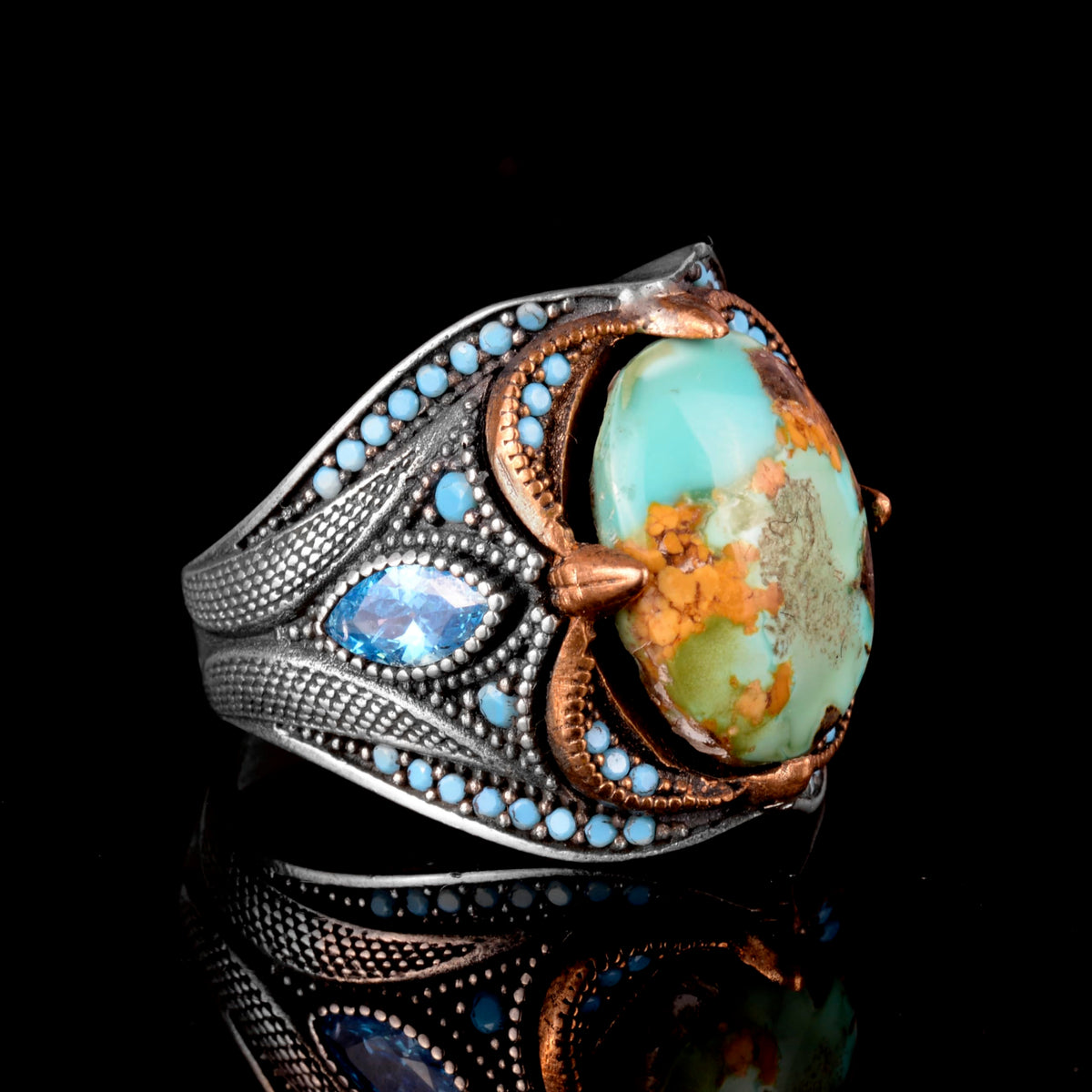 Blue Natural Arizona Turquoise Stone Ring - 925 Sterling Silver — 5