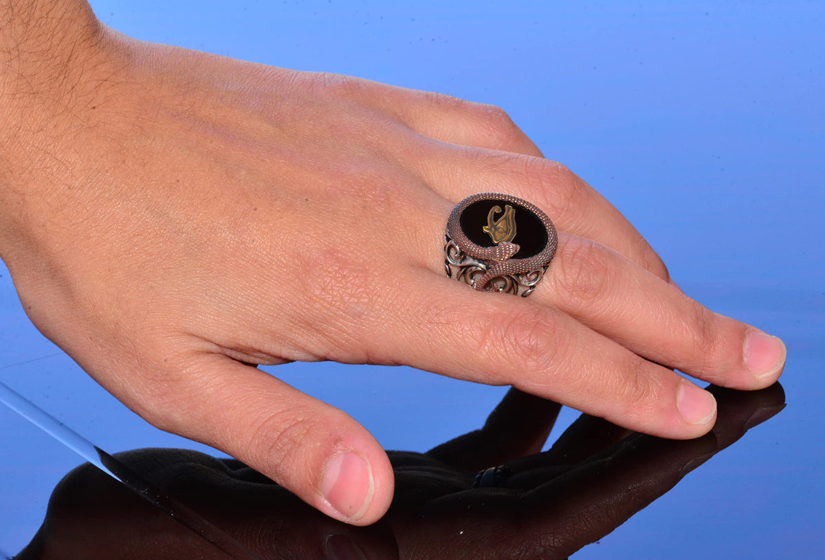 925 Sterling Silver Men's Ring - Snake Design - Seal Ring (Evil Eye) — 6
