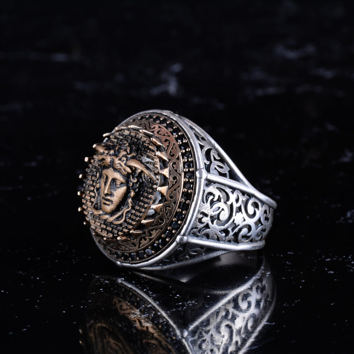 KAMBO Symbol Ring for Men 925 Sterling Silver Round Ring with Bronze Detail Handmade Ottoman Style Statement Jewelry (Medusa Head) — 5