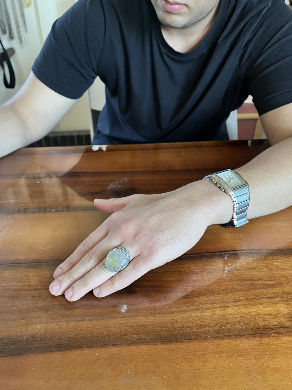 KAMBO Natural Gold Rutilated Quartz Stone Large Men's Ring - Directional Oval Stone Vintage Floral Engraved Statement Ring - 925 Sterling Silver Handmade Men's Jewelry — 3