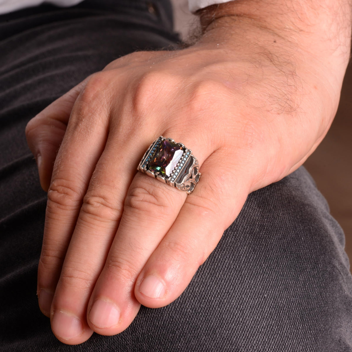 Mystic Topaz Stone 925 Sterling Silver Men's Ring — 2