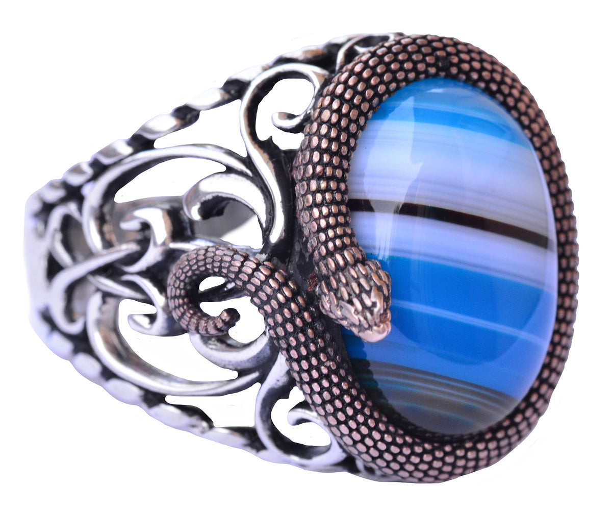 925 Sterling Silver Men's Ring - Blue Agate Stone