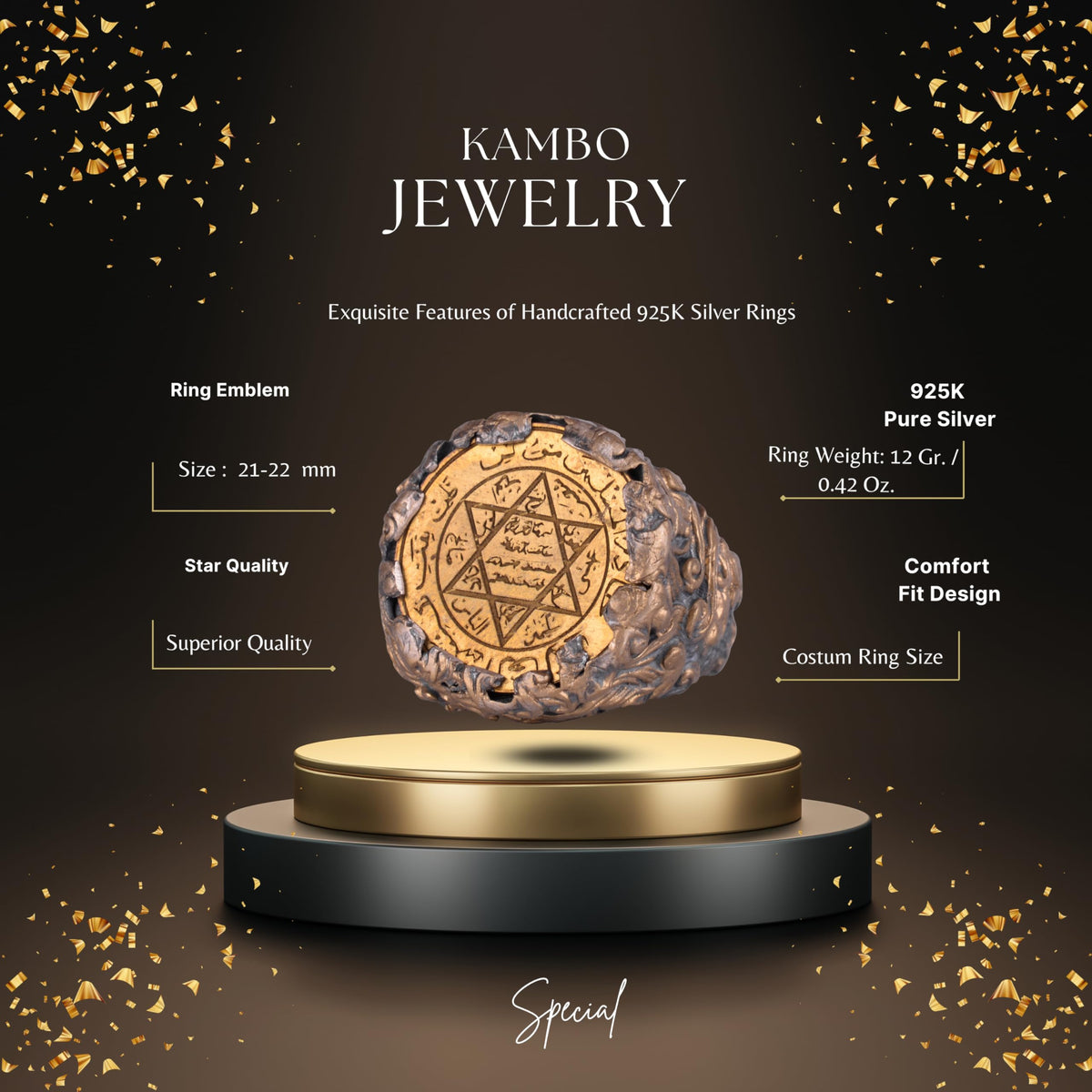 KAMBO Seal of Solomon Secret Compartment Men's Ring - 925 Sterling Silver, Gold Plated, Arabic Calligraphy Islamic Gothic Ring — 2