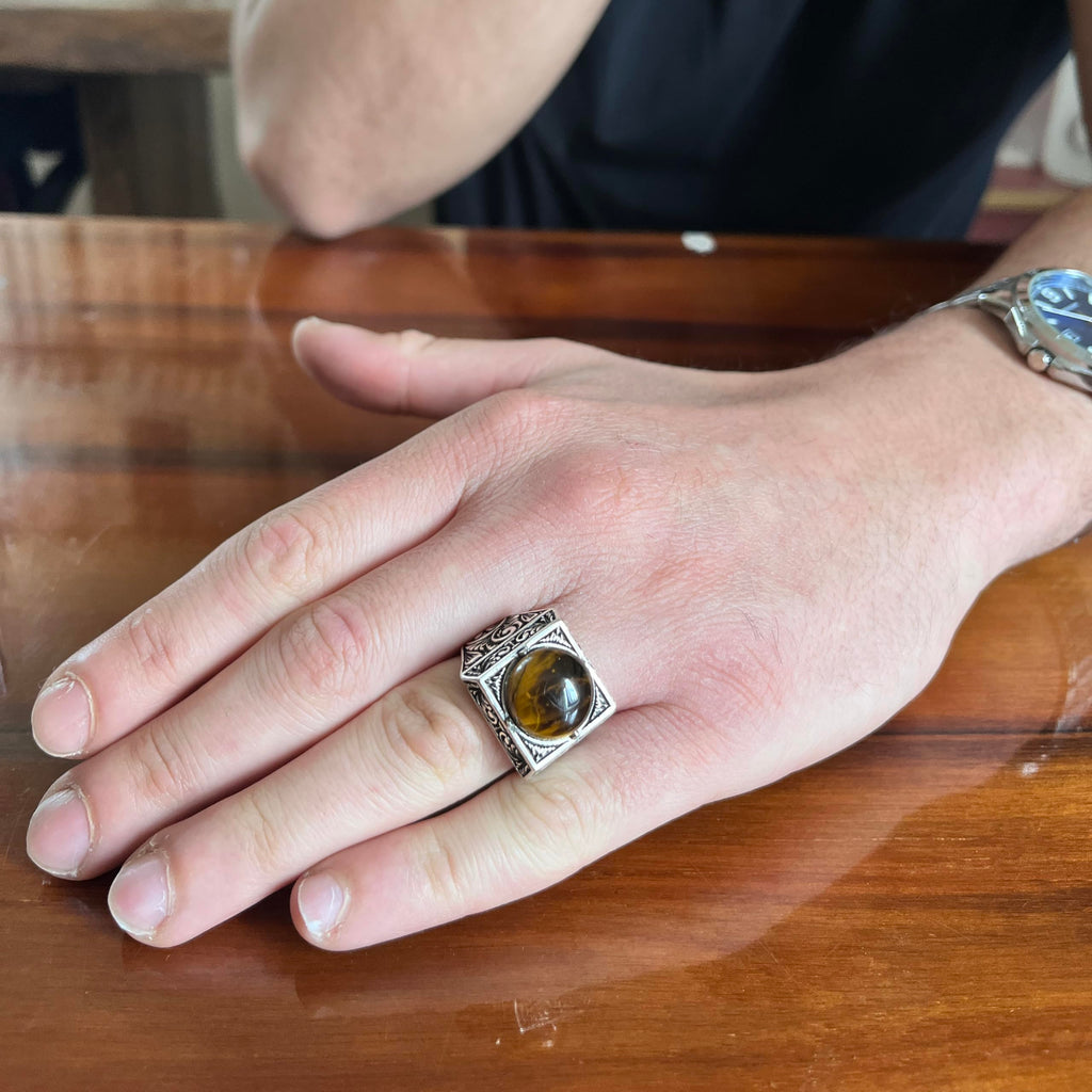 KAMBO Natural Round Stone Square Men's Ring 925 Sterling Silver – Ottoman Pattern Handmade Stone Ring (Tiger's Eye) — 3