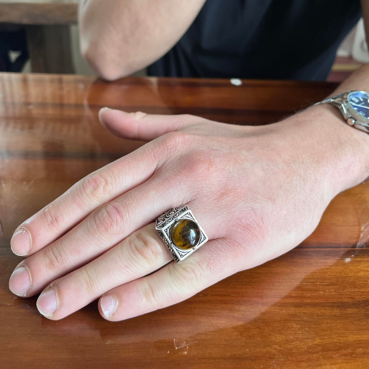KAMBO Natural Round Stone Square Men's Ring 925 Sterling Silver – Ottoman Pattern Handmade Stone Ring (Tiger's Eye) — 3
