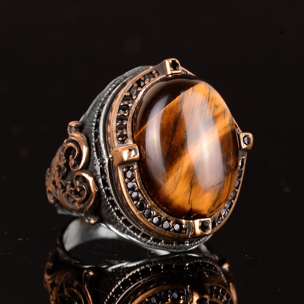 Tiger's Eye Natural Stone Ring - 925 Sterling Silver Handmade Men's Ring - Power and Courage Design — 4