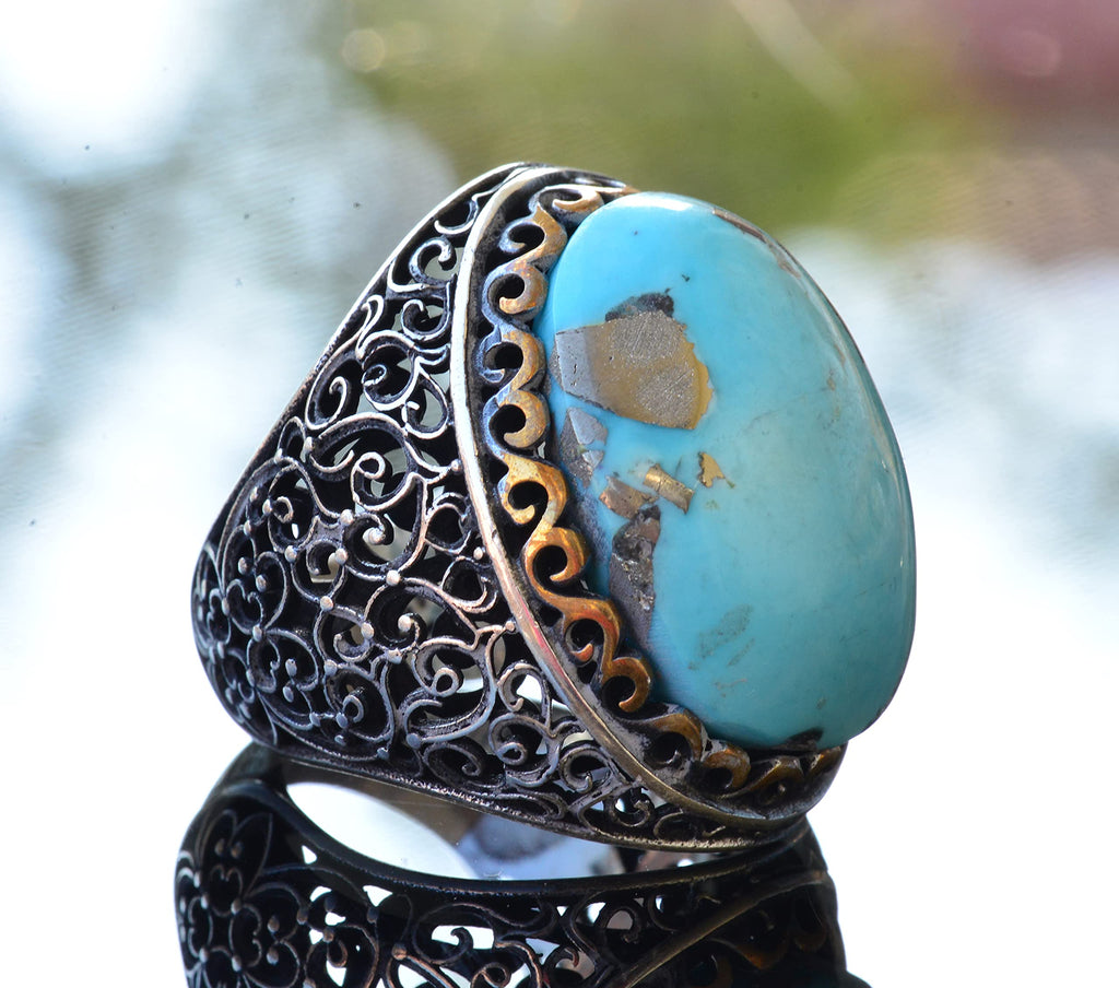 Natural Arizona Turquoise Stone Ring, 925 Sterling Silver Men's Ring (Model-4) — 4