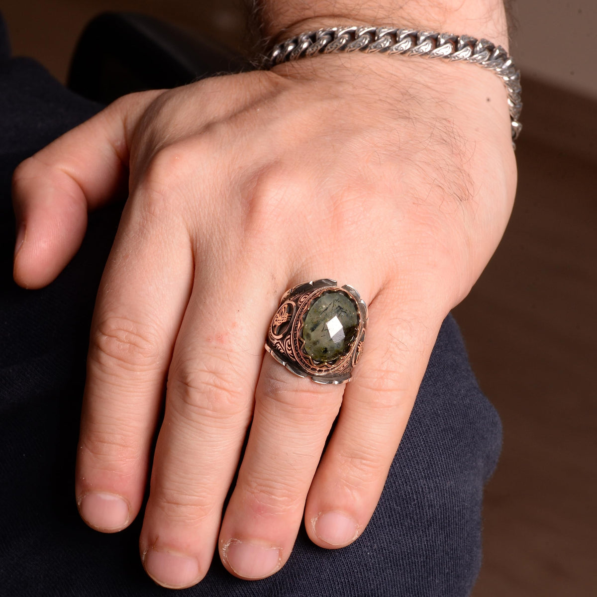 Natural Jade Prehnite Stone Ring, 925 Sterling Silver, Handmade Ottoman Ring — 3