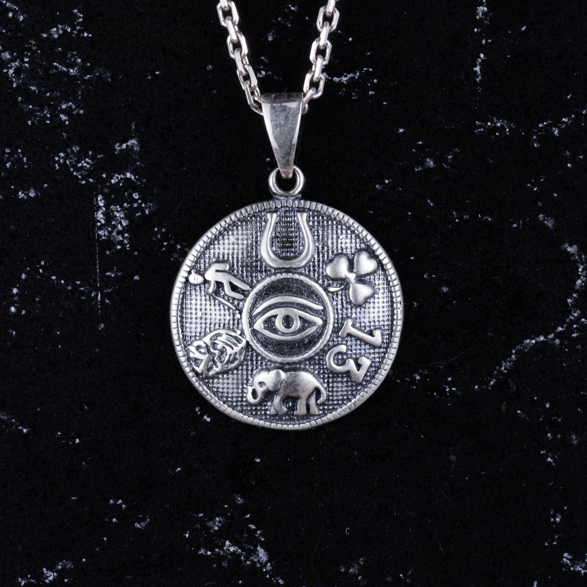 KAMBO 925 Sterling Silver Lucky Charms Necklace - Eye of Horus, Horseshoe, Elephant, Handmade Unique Necklace — 3