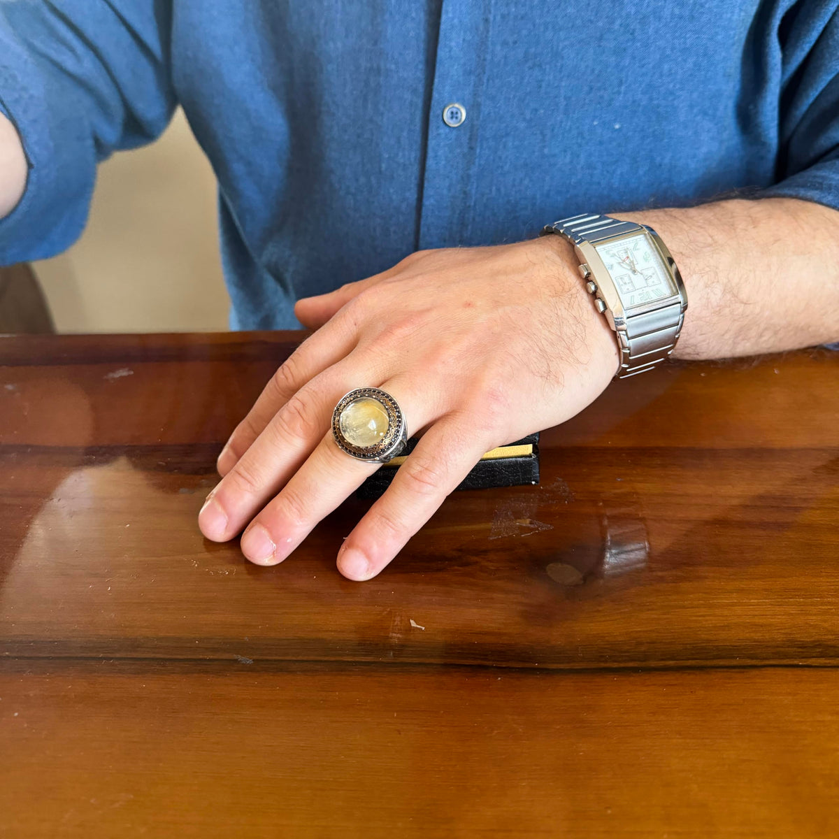 KAMBO Stone 925 Sterling Silver Men's Round Ring with Bronze Detail Vintage Ottoman Style Handmade Silver Ring (Rutilated Quartz) — 3