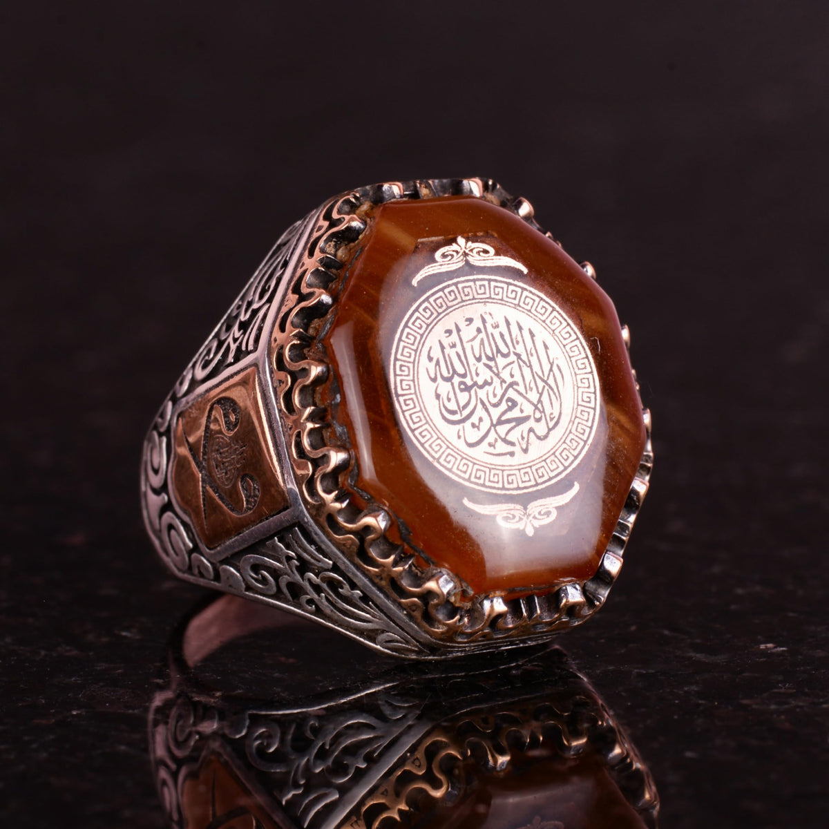 925 Sterling Silver Men's Ring - Amber Stone Islamic Design — 4