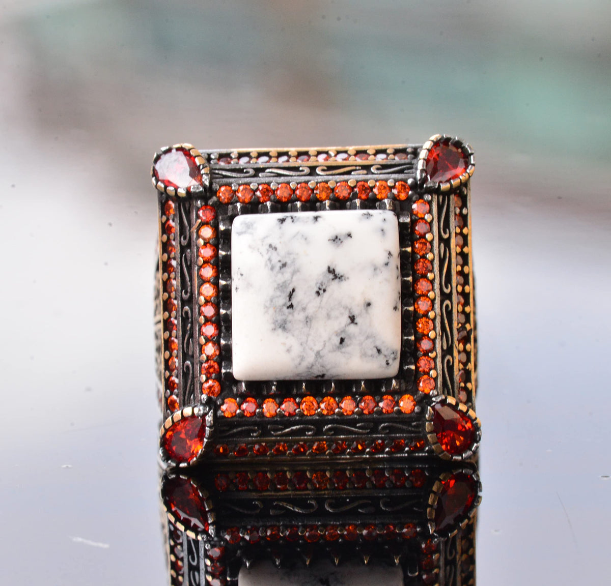 Natural Dendrite Agate Stone Ring - Silver Men's Sultan Ring — 5