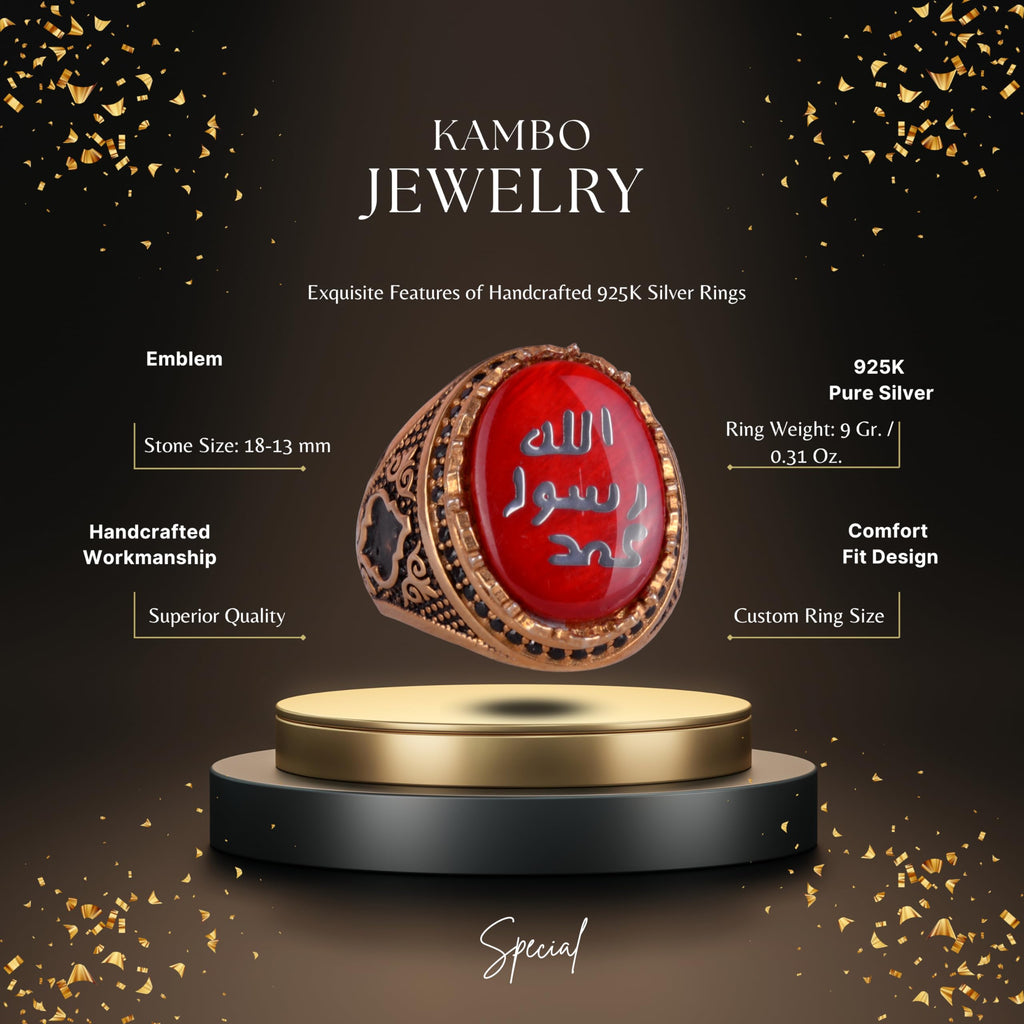 Men's Islamic Ring - 925 Sterling Silver Gold Plated Men's Ring (Red) — 2