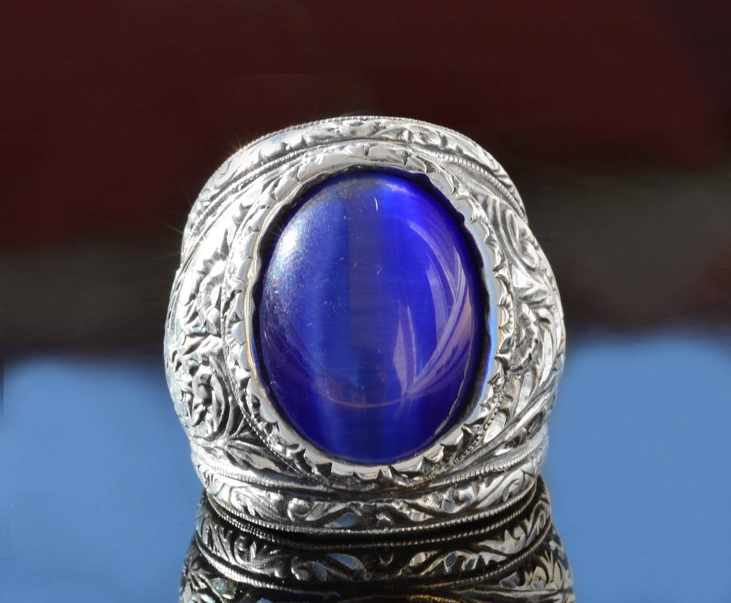 KAMBO 925 Sterling Silver Men's Ring - Synthetic Cat's Eye Blue Star Stone — 2