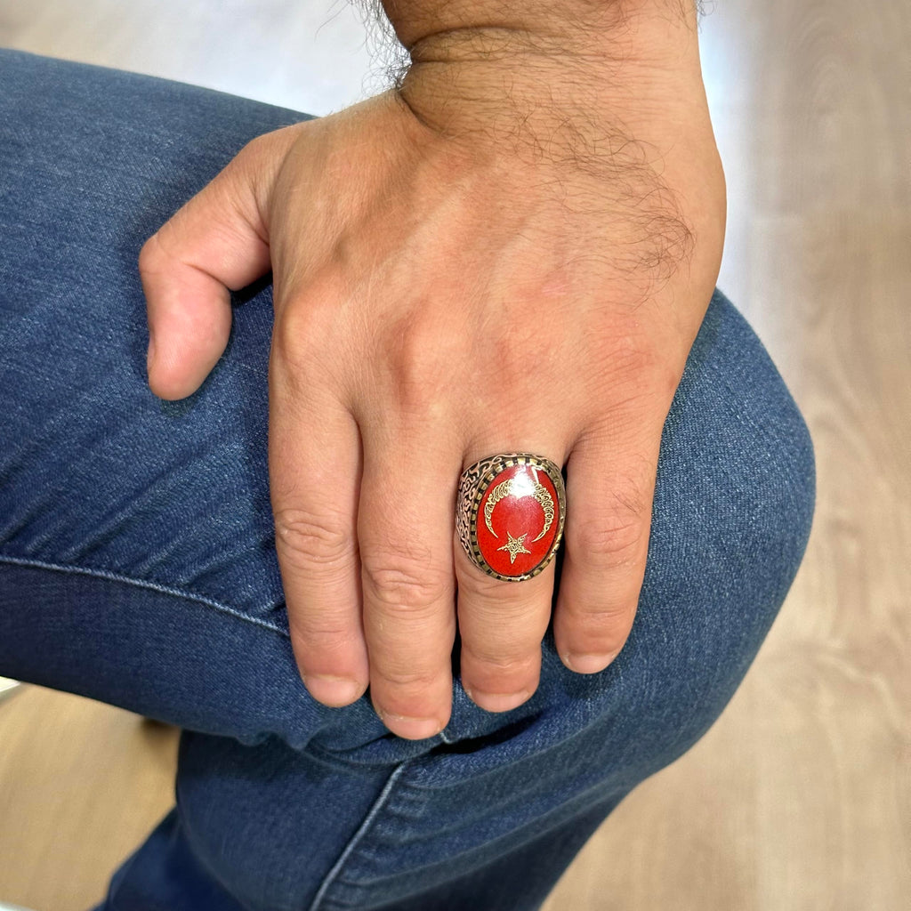 925 Sterling Silver Men's Ring - Moon and Star Design, Synthetic Stone - Silver Ring — 3